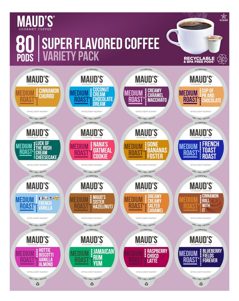 Maud's Super Flavored Coffee Pods Variety Pack, 80 ct, 16 Assorted Flavors, Medium Roast Flavored Coffee in Recyclable Single Serve Pods – 100% Arabica Coffee, Compatible with Keurig K Cups Maker - Image 1